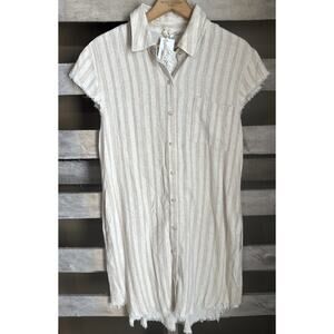 NWT Mystree Size Medium Beige Striped Linen Rayon Blend Shirt Dress Frayed